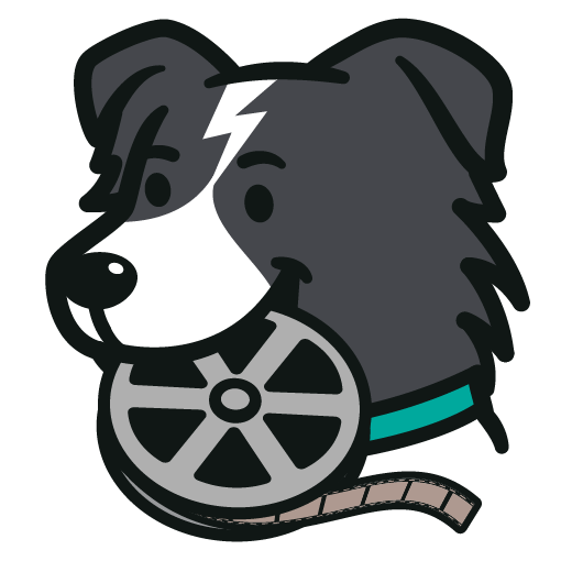Flash mascot — cartoon grey border collie with lightning bolt marking holding a silver film reel