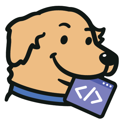 Fetch Media golden retriever mascot with blue collar and purple HTML code bracket tag