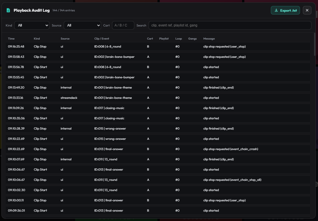Full Audit of all clips played against UTC
