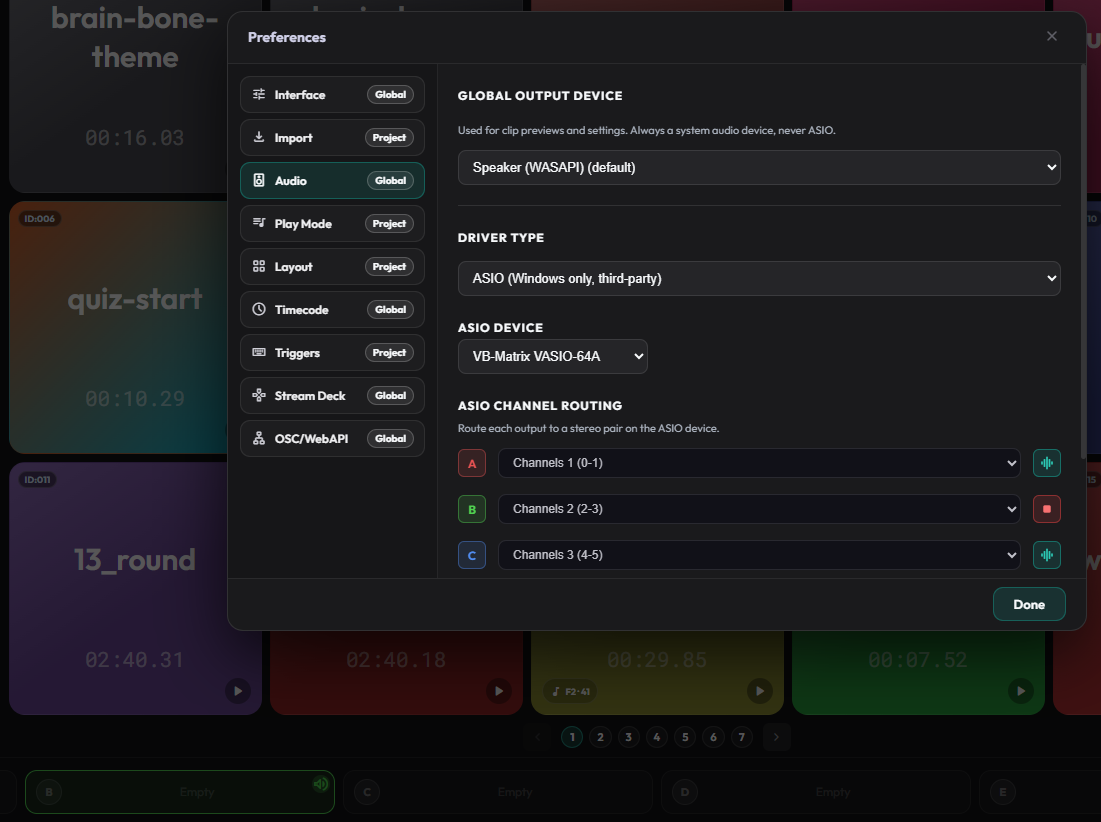 Callie cart strip showing active outputs and ID Output context menu