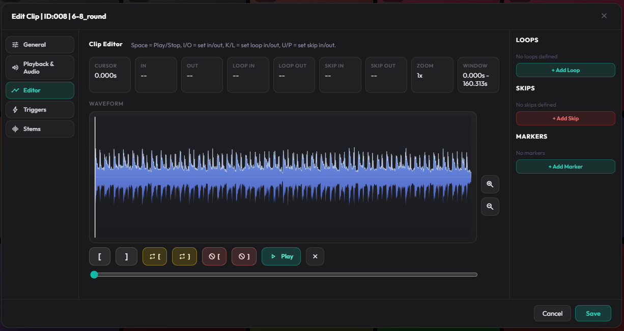 Clip Settings Editor tab open on the waveform view