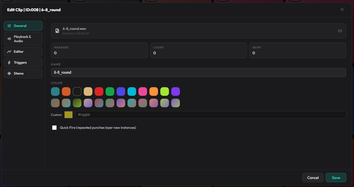 Clip Settings General tab with name, colour, and shortcut fields