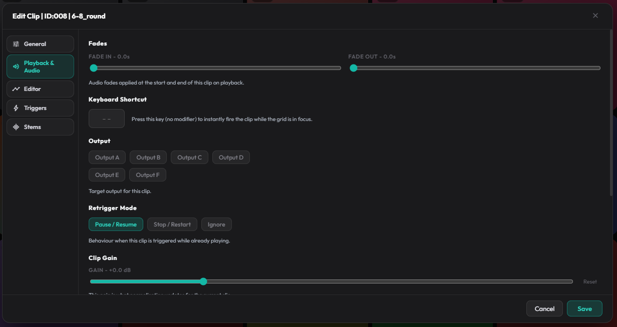 Clip Settings Playback and Audio tab with output, slot, fade, gain, and retrigger options