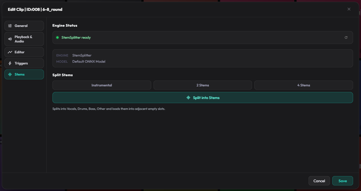 Clip Settings Stems tab showing stem options and Split into Stems button