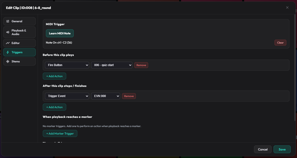 Clip Settings Triggers tab showing MIDI learn and timecode trigger list