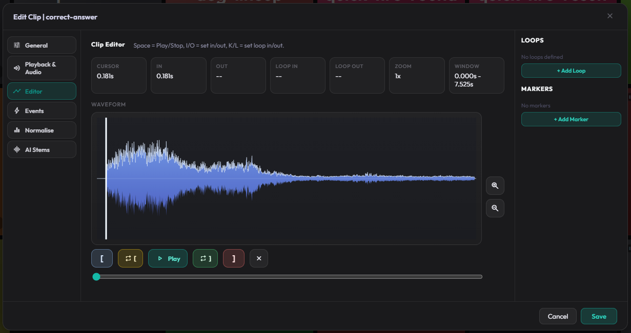 Callie Audio editor with In/Out and Loop and Marker Functions
