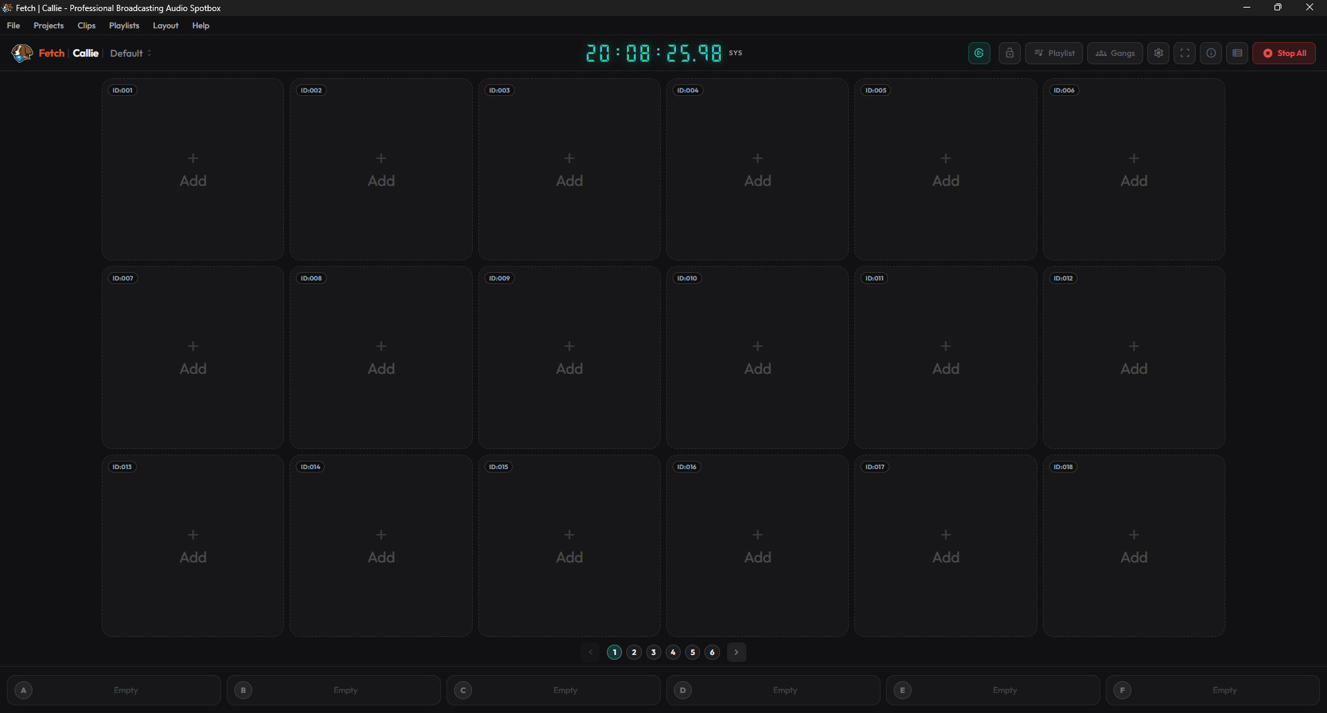 Callie first-launch window showing the empty clip grid, menu bar, and header bar