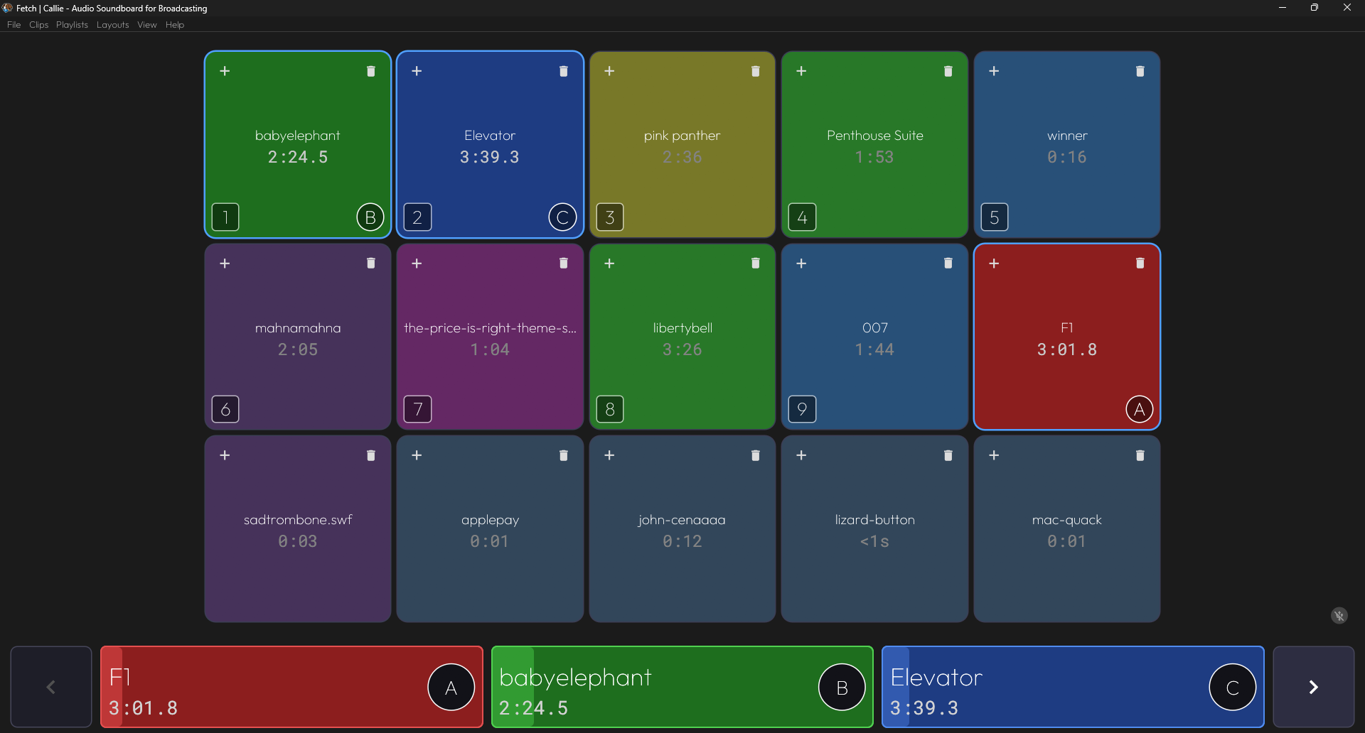 Callie Soundboard Playout showing fulfilled slots and playing back audio.