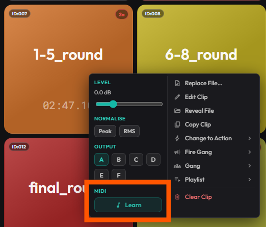Right-click context menu quick-actions panel showing MIDI Learn