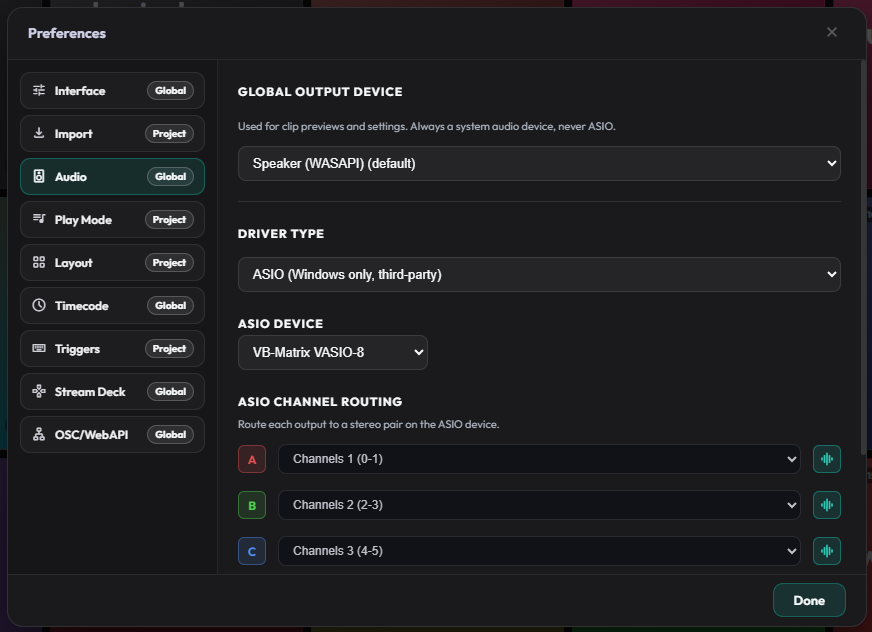 Preferences Audio tab showing Global Output Device and Per-Output Routing