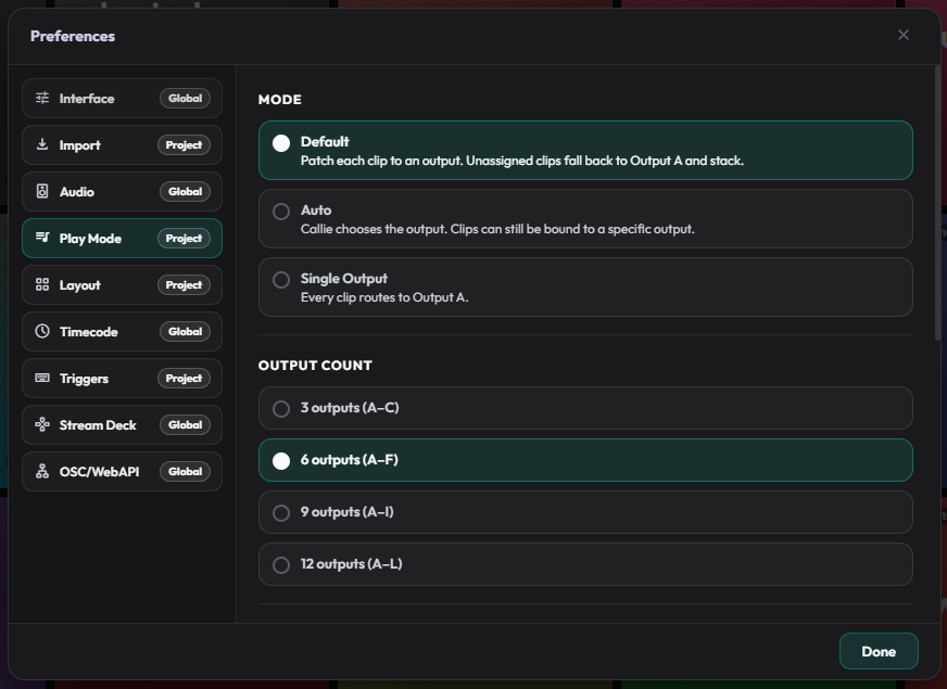 Preferences Play Mode tab showing Default and Single Output settings