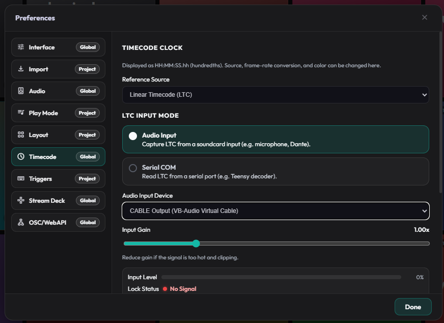 Preferences Timecode tab showing reference source, LTC input mode, and frame rate