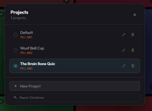 Callie Projects overview showing also the ability to change projects via API calls