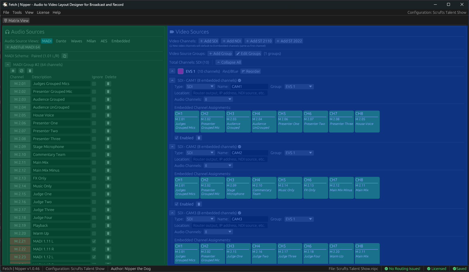 Nipper main interface showing audio sources panel (green) on left and video destinations panel (blue) on right