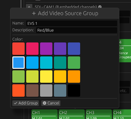 Add Video Source Group dialog showing name, description, and colour picker with 20-colour palette