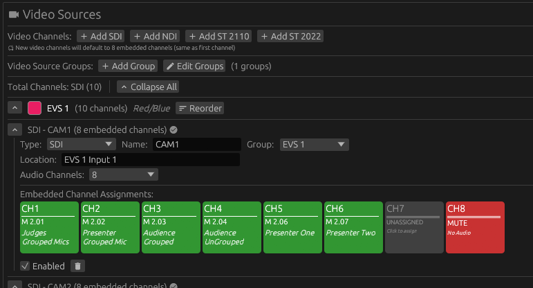 Video Sources panel showing SDI source with embedded audio channel assignments
