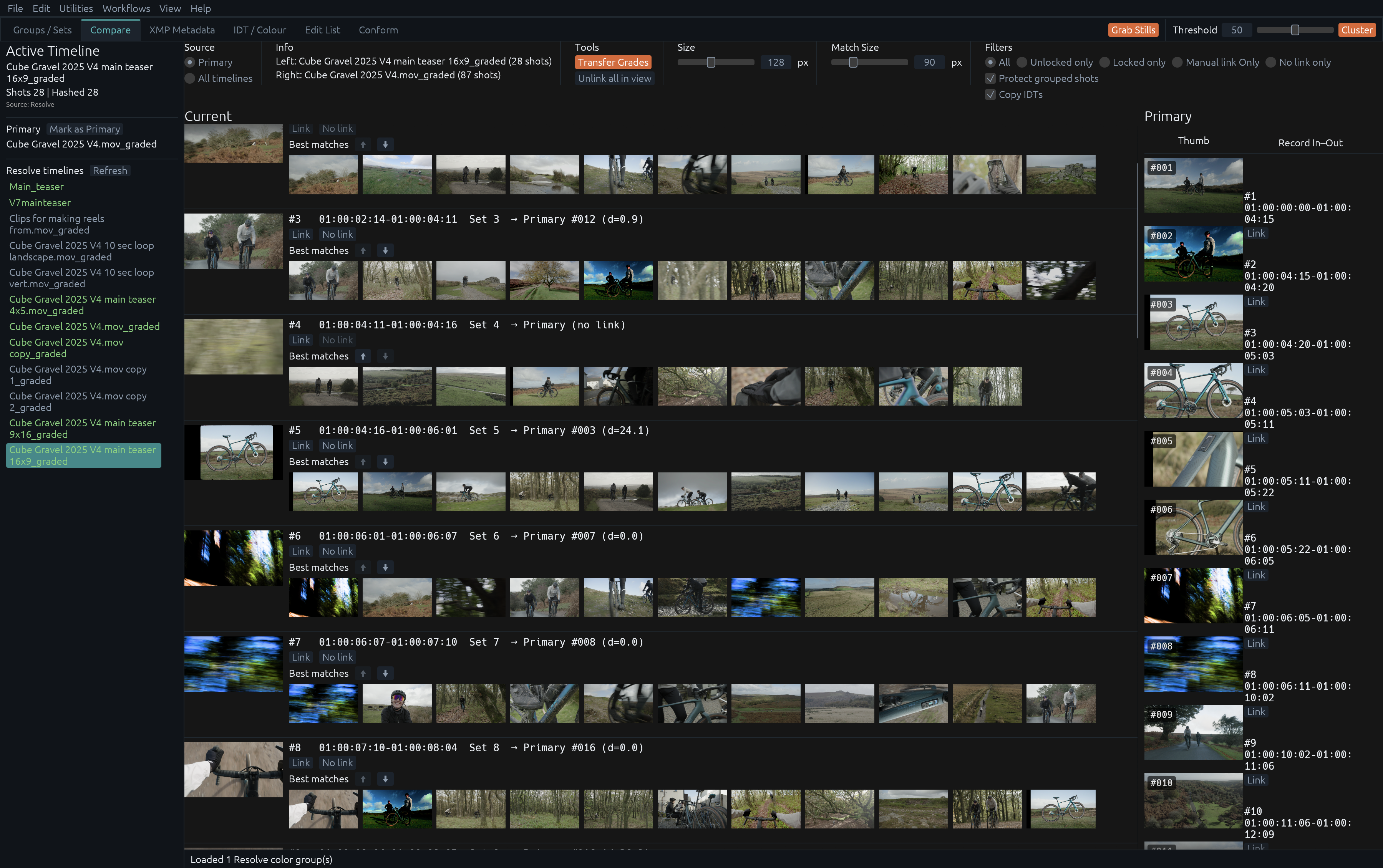 Screenshot of Flash, a shot-matching tool for colorists, showing the Compare view: a primary timeline's shots are matched against candidate shots from a secondary timeline, with thumbnails, timecodes, match scores, and Link/No link controls for transferring grades between shots.