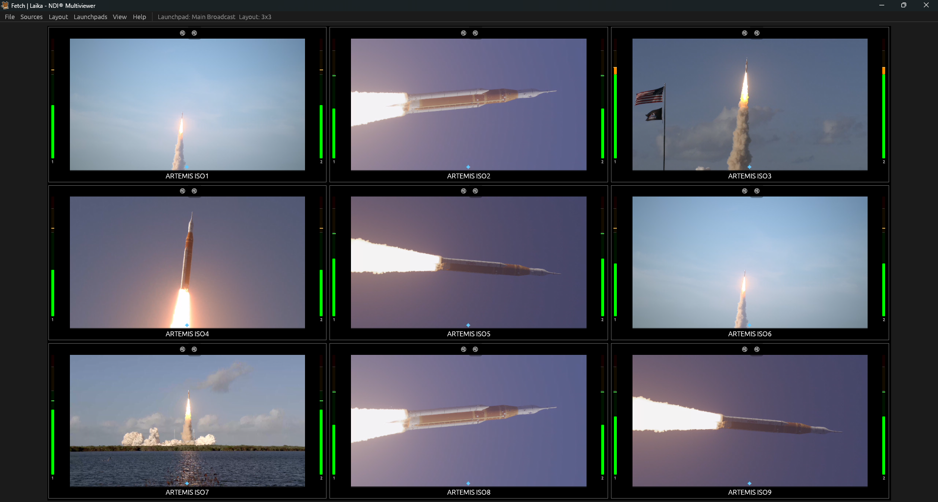 Laika NDI multiviewer showing nine sources of various angles of the Artemis launch