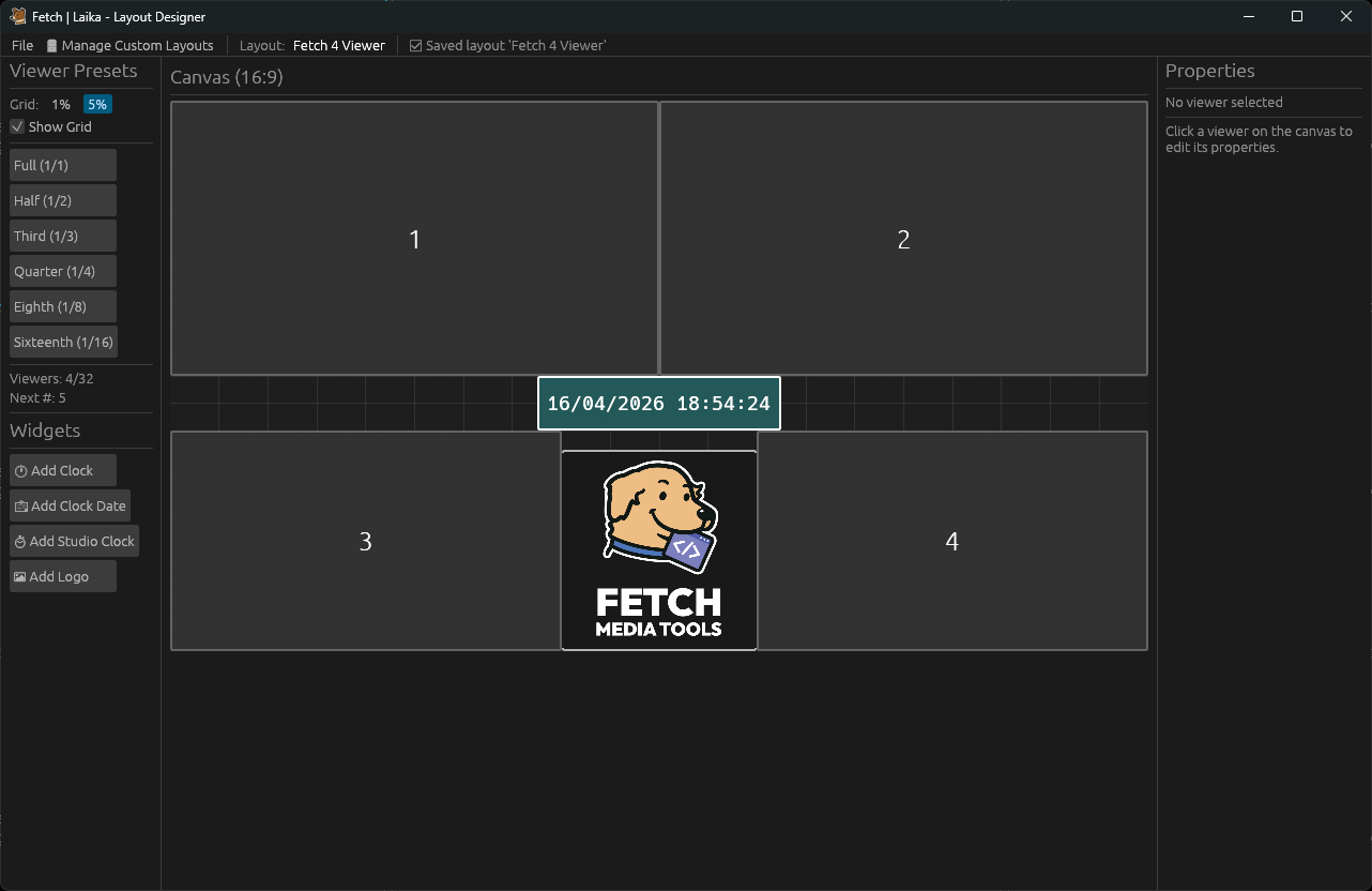 Laika Layout Designer with dark UI, six numbered grid cells on canvas, stream list panel, and properties panel