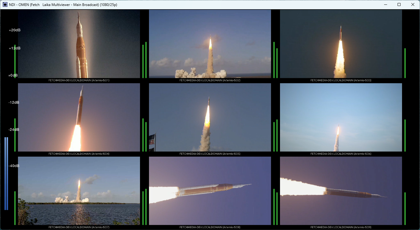Screenshot from NDI® Monitor showing a rebroadcasted NDI Multiviewer from Fetch Laika