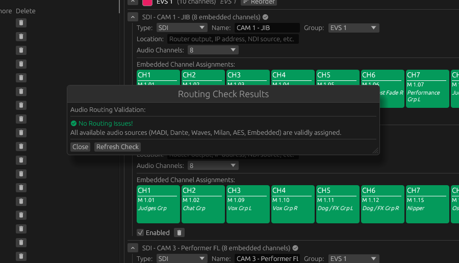 Nipper routing check results overlay with verified audio channel assignments shown as green status blocks
