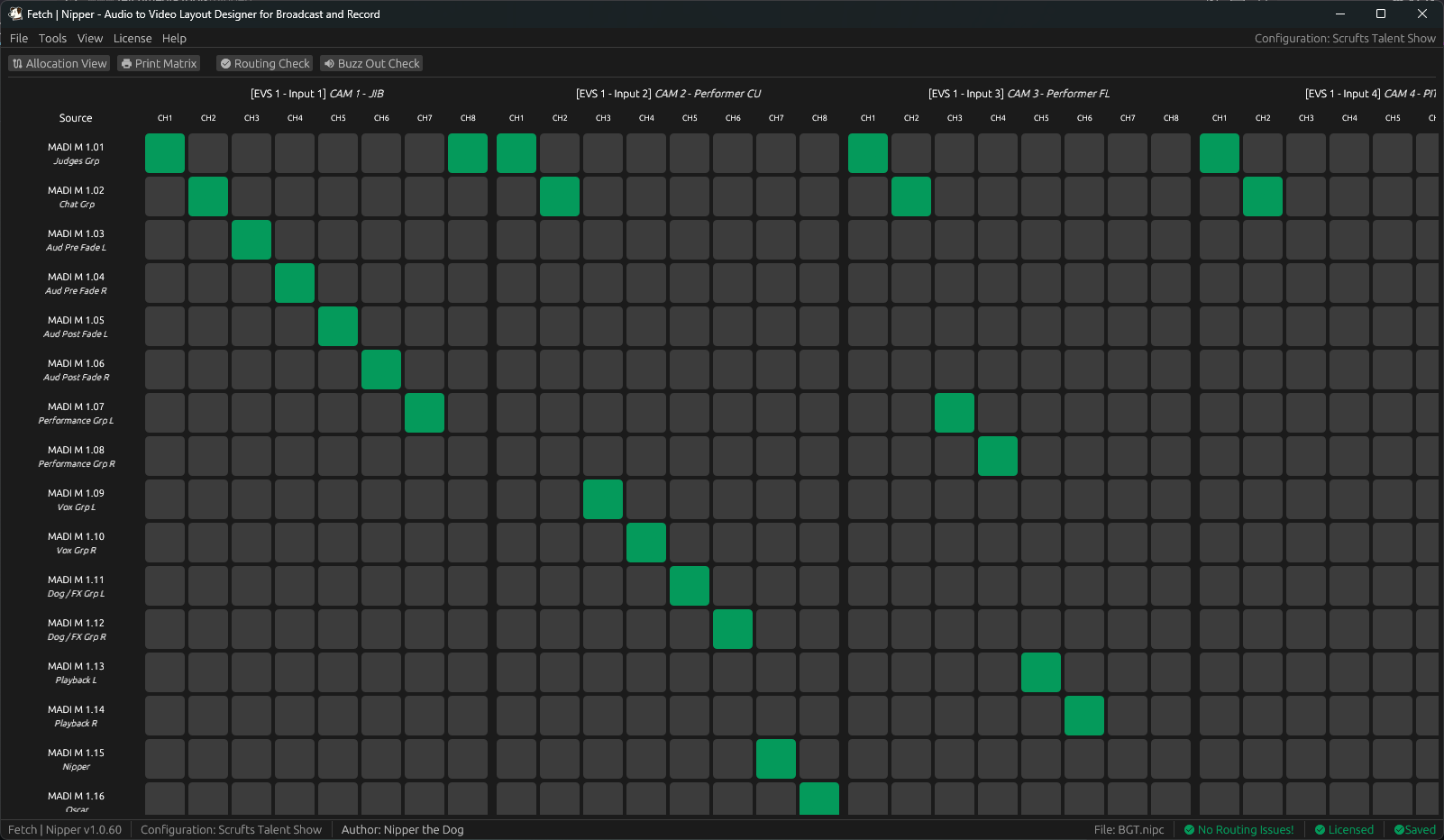 Nipper matrix view with crosspoint grid of MADI audio sources mapped to SDI camera channels via green squares