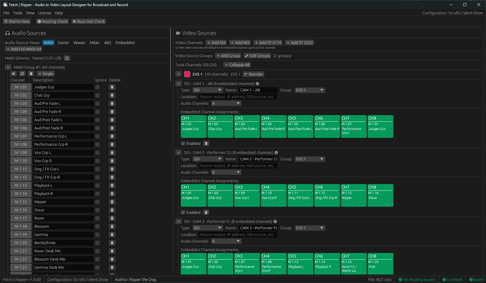 Nipper desktop app with Audio Sources list and SDI camera channel assignments