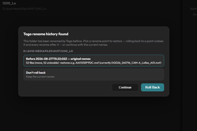 Rolling back renamed files to their original filenames with Togo's backup