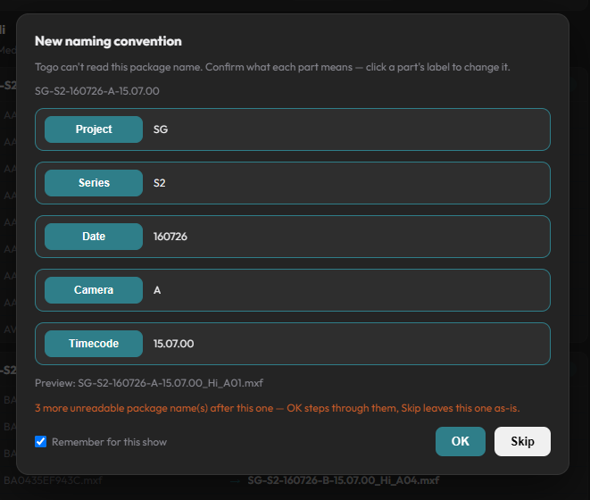 Togo's wizard mapping filename segments to values like Title or Episode