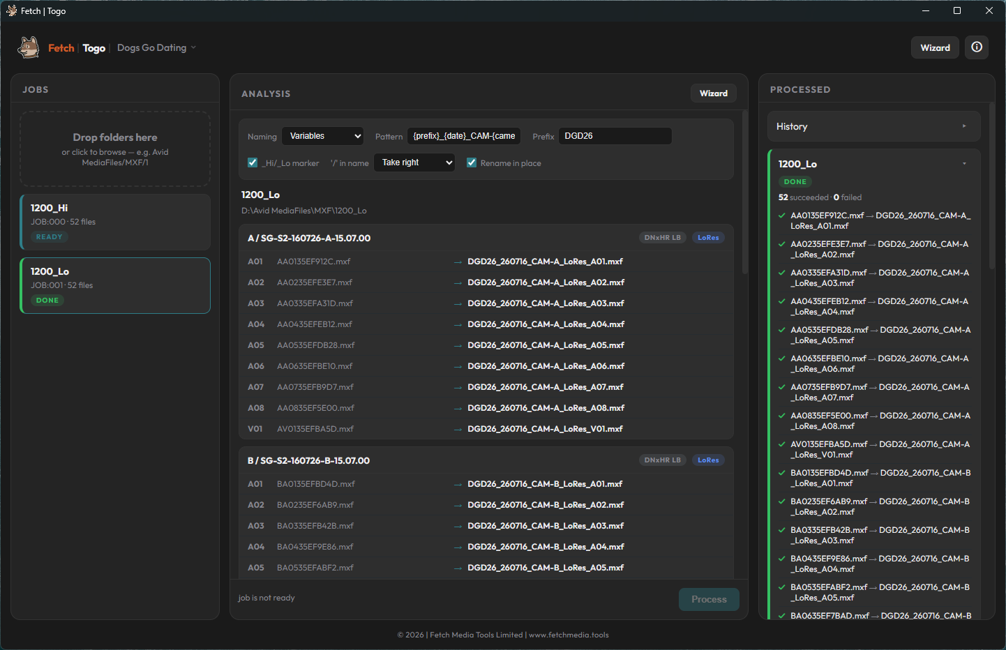 Togo batch-processing a queue of OP-Atom MXF files